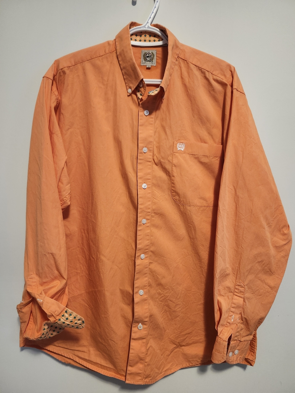 Cinch Classic Fit Solid Orange Button Down with Teal&White Geometric Diamond